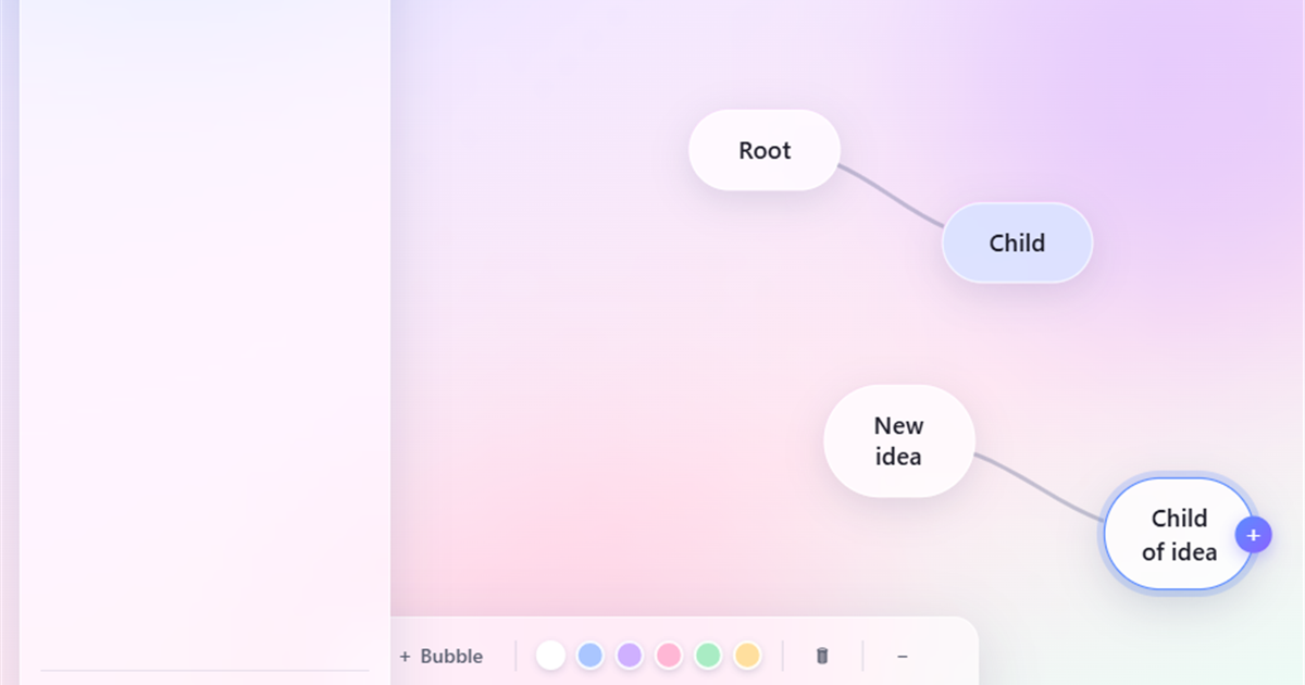 YaviMind mind map editor showing connected idea bubbles on a pastel glass interface
